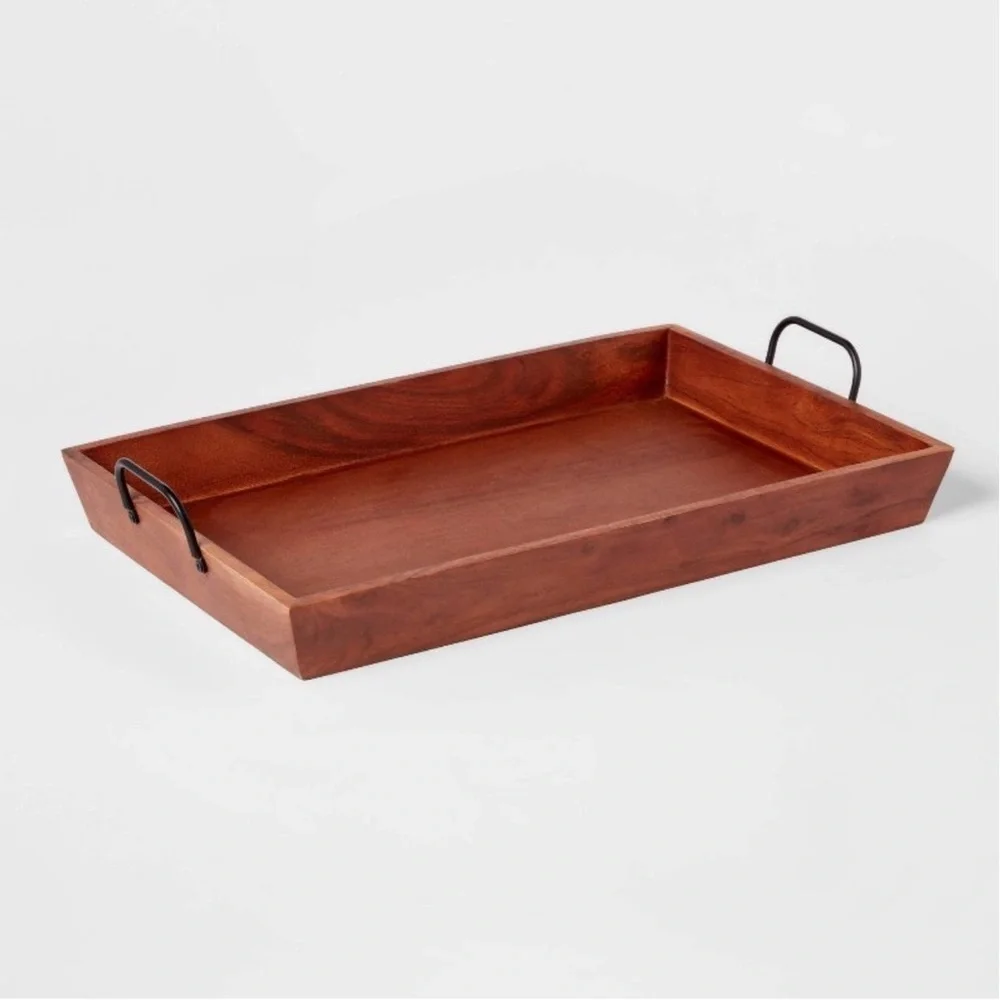 Large Rectangular Wood Tray with Metal Handles